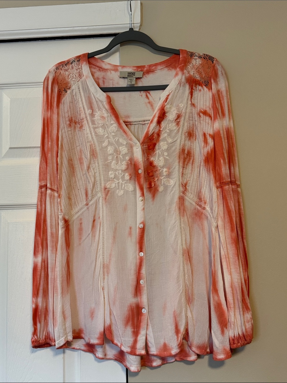 Coral & White Tie-Dye Embroidered Button-Down Blouse